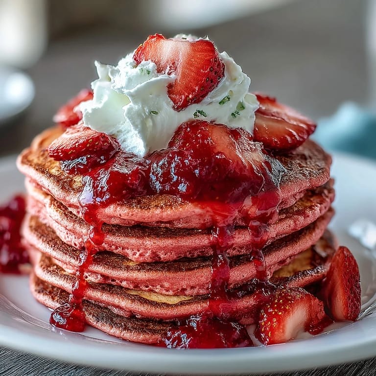 Golden-pink pancakes drizzled with homemade strawberry sauce, garnished with whipped cream and sliced strawberries for a pretty brunch spread.
