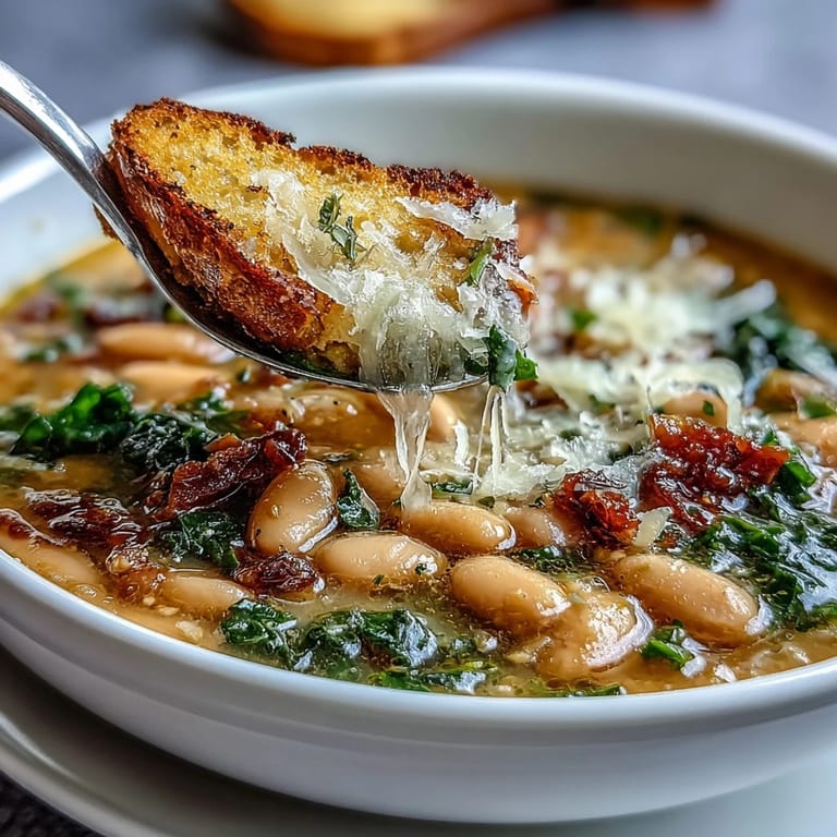 A rustic Italian soup featuring white beans, kale, and aromatic herbs, finished with a drizzle of olive oil and grated Parmesan.