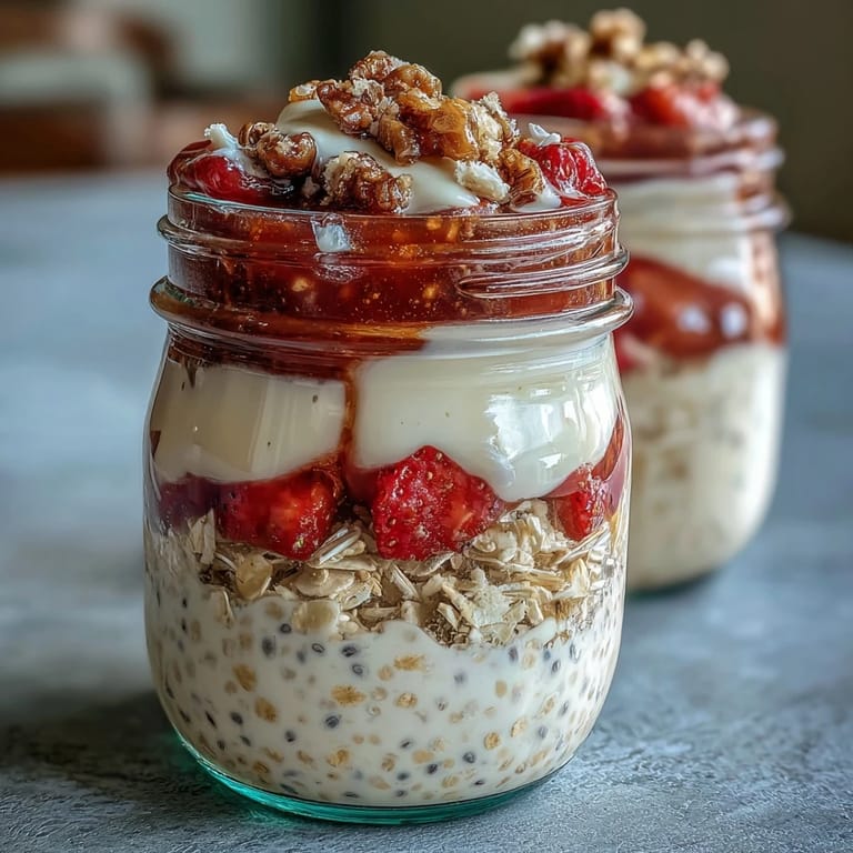 Make-ahead strawberry cheesecake overnight oats in glass jars, combining rolled oats, cream cheese, and fresh fruit for a delicious morning treat.