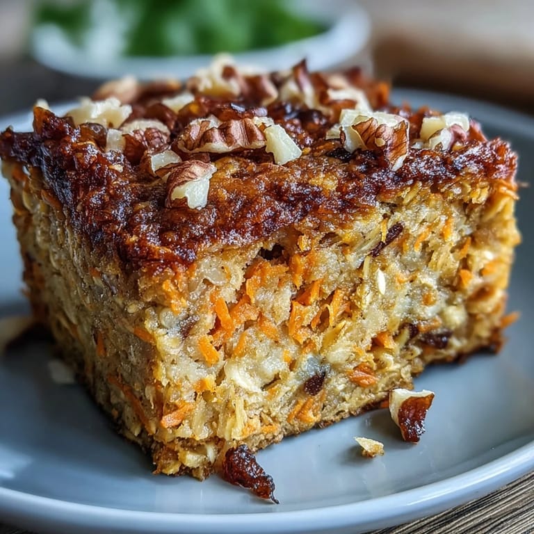 Golden baked oatmeal squares infused with fresh carrots, cozy spices, and optional raisins, served warm for a comforting morning treat.