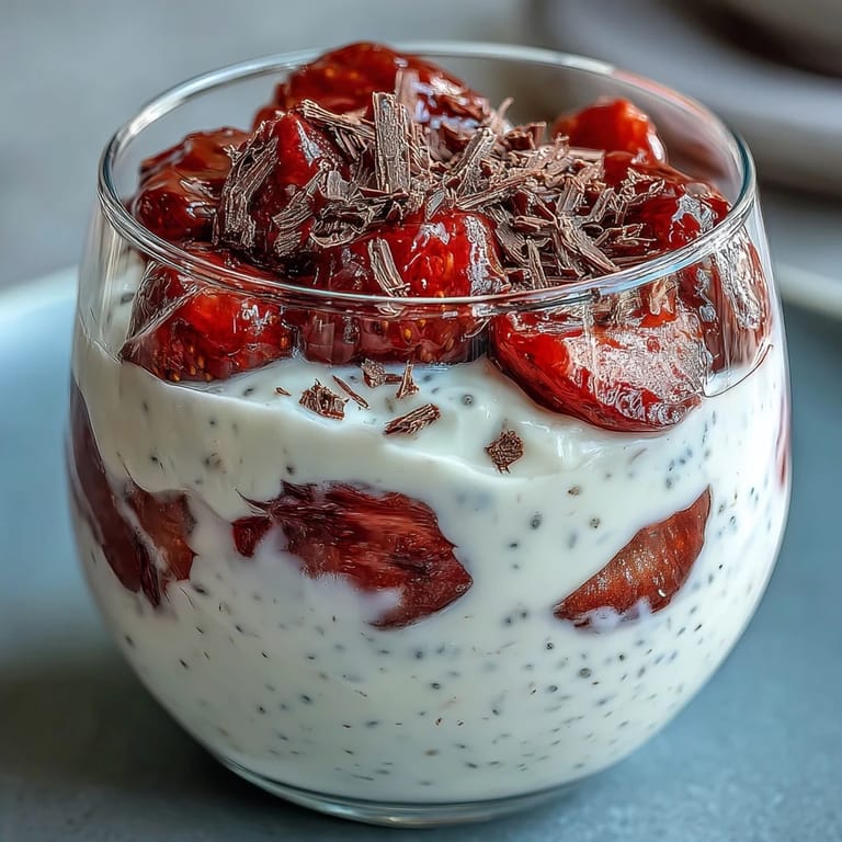 Refreshing strawberry chia pudding with yogurt, macerated berries, and dark chocolate shavings for a nutritious treat.