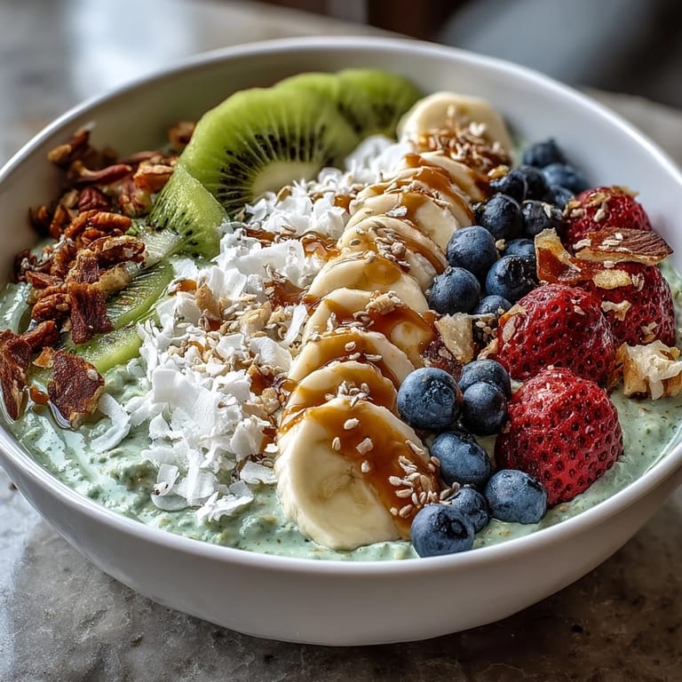 Creamy matcha green tea overnight oats layered with coconut yogurt and chia seeds, garnished with banana slices and a honey drizzle.