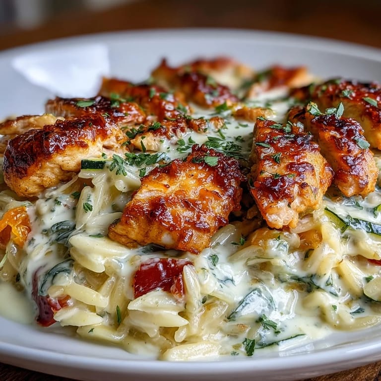 A comforting Boursin Orzo Bake featuring juicy chicken strips, colorful bell peppers, and zucchini in a luscious cheese sauce.