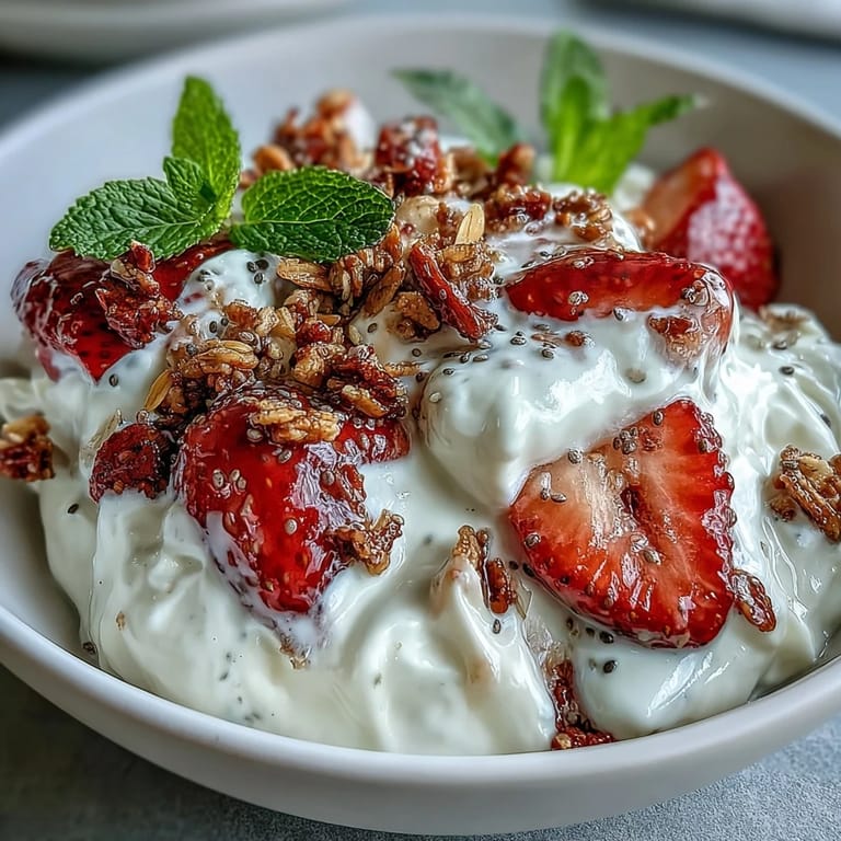 Creamy Greek yogurt whipped to perfection, layered with juicy strawberries and crunchy granola in a vibrant breakfast bowl.