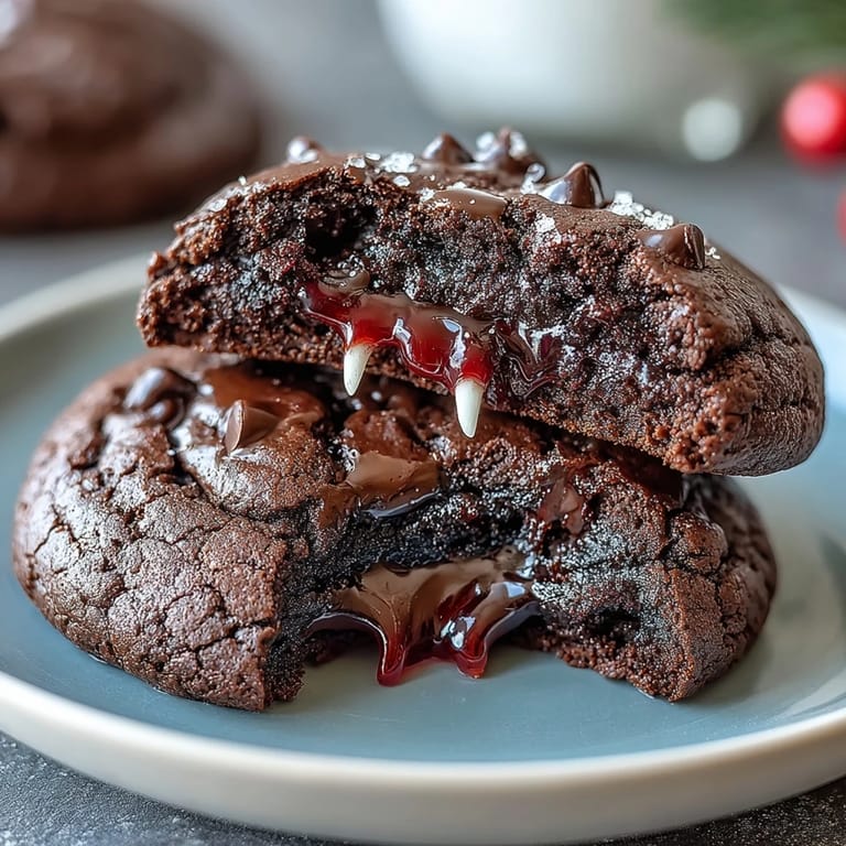 Halloween dessert featuring chewy chocolate cookies topped with candy fangs and blood-red icing.