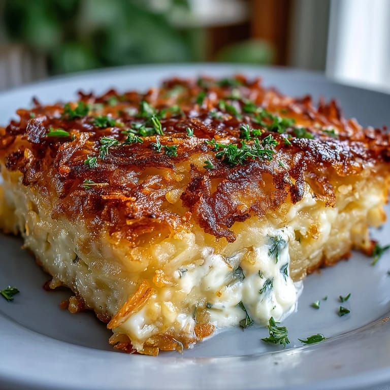Cheesy funeral potatoes casserole topped with golden hashbrowns, a warm and satisfying side dish for any occasion.