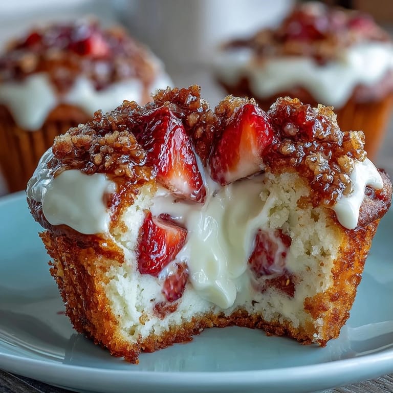 Decadent strawberry muffins swirled with cheesecake filling, topped with crunchy sugar, perfect for a sweet breakfast treat.