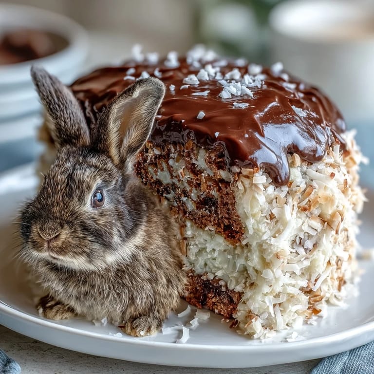 Delightful coconut-covered Easter Bunny Cake with colorful jelly bean tail and paws, a charming centerpiece for springtime gatherings.