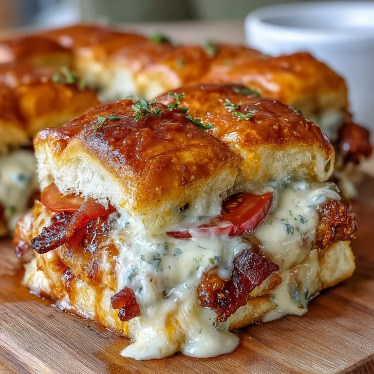 Decadent Kentucky Derby Hot Brown Sliders on soft brioche buns, layered with turkey, tomato, and rich cheese sauce for a party-perfect bite.