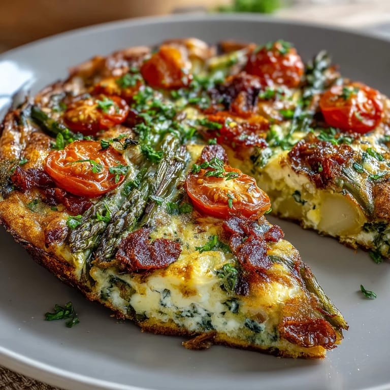 Fluffy Spring Veggie Frittata with Asparagus and Goat Cheese, loaded with seasonal vegetables, herbs, and tangy goat cheese, baked to golden perfection for a healthy, satisfying meal.