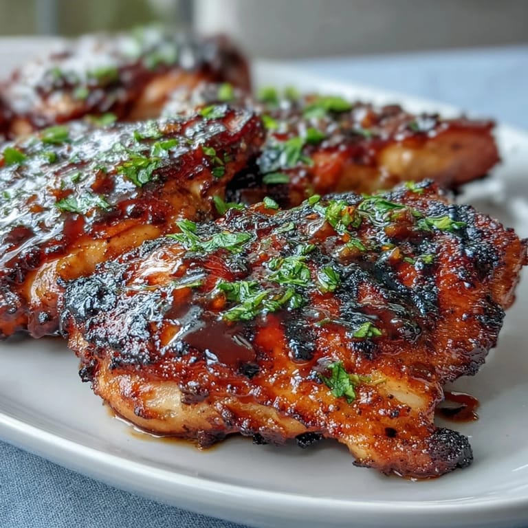 Sweet and savory honey garlic marinated chicken thighs sizzling on the grill, served with fresh herbs.  