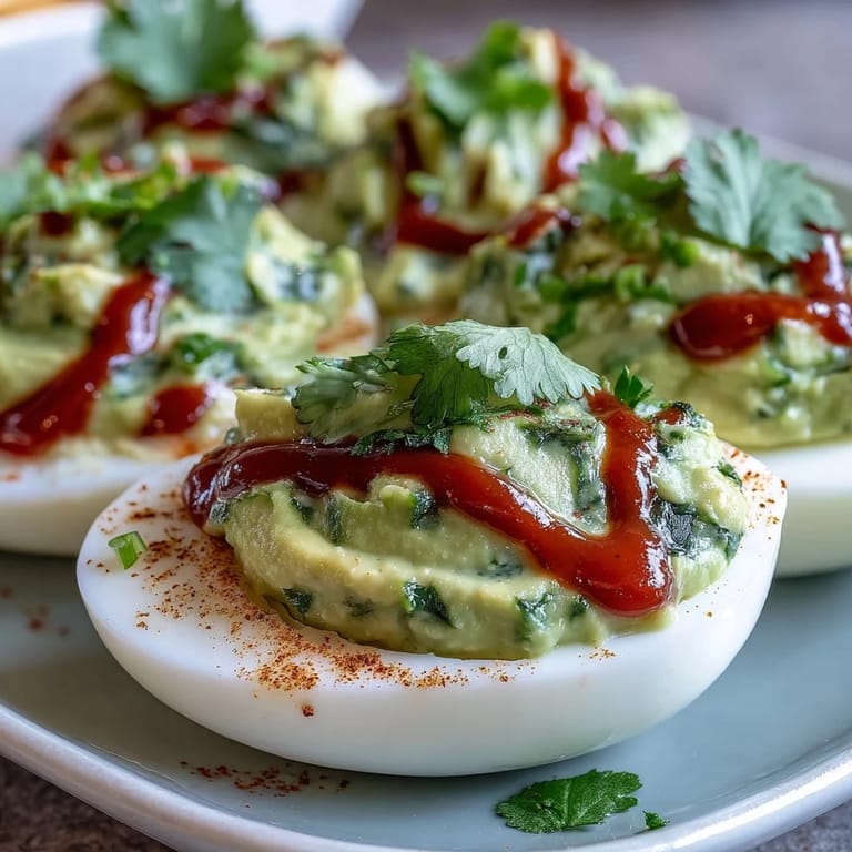 Healthy deviled eggs featuring mashed avocado and zesty lime, finished with a fiery Sriracha kick and fresh herbs.