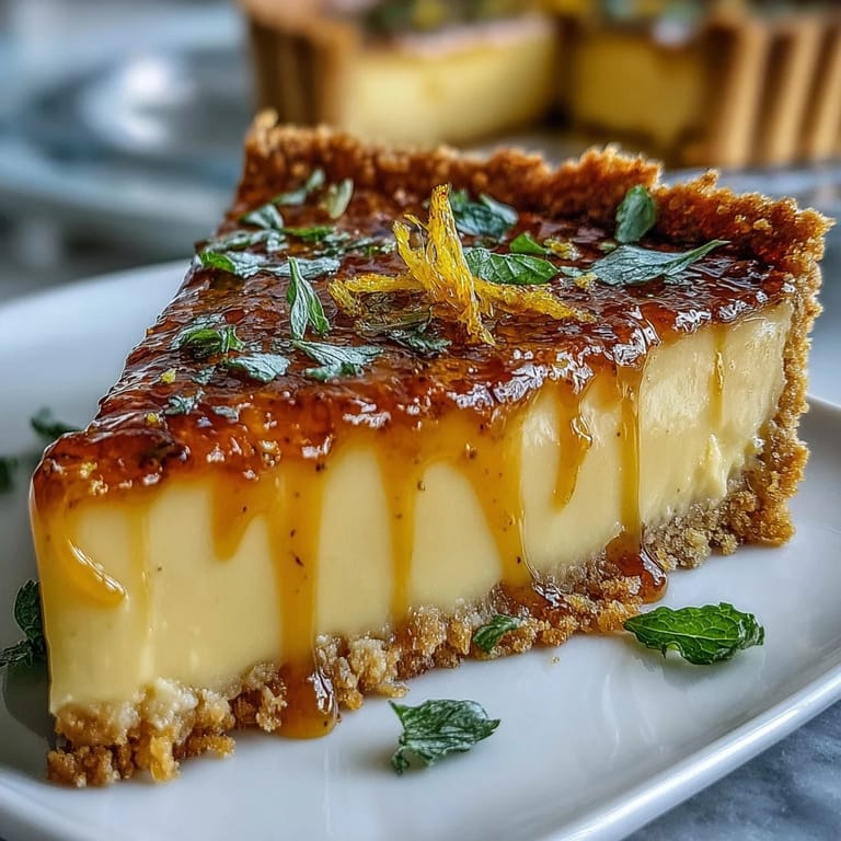 Elegant spring tart filled with silky lemon curd, garnished with fresh edible flowers and mint leaves.