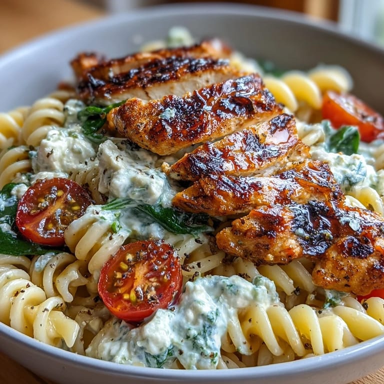 Hearty pasta bowl topped with grilled chicken, cottage cheese, and fresh spinach for a balanced meal.