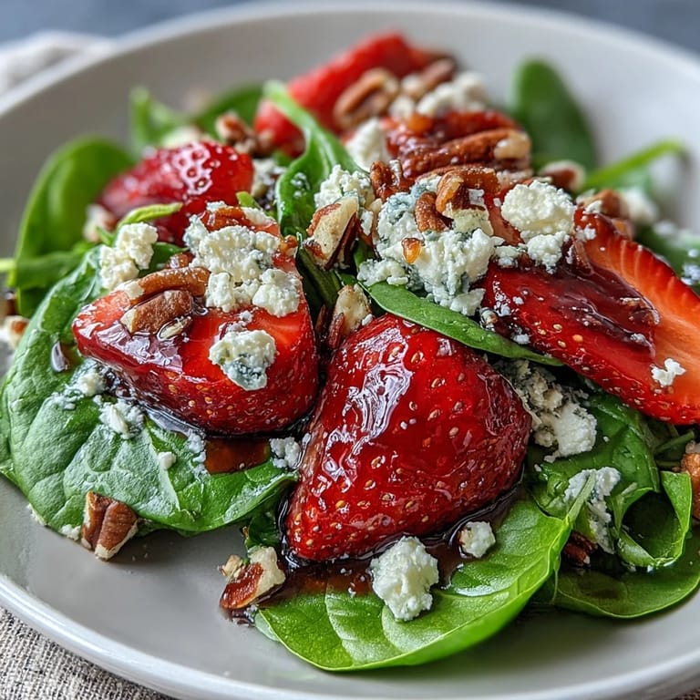 Colorful strawberry spinach spring salad featuring juicy berries, tender greens, toasted nuts, and crumbled goat cheese, drizzled with balsamic dressing.
