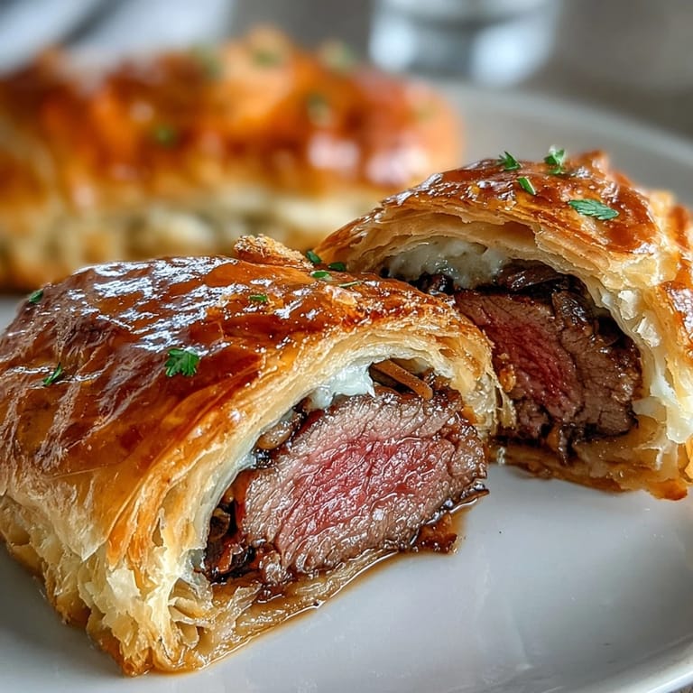 Golden-baked beef Wellington parcels feature seared filet mignon wrapped in buttery puff pastry with savory mushroom duxelles.