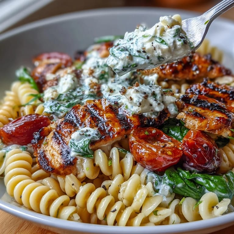 Creamy cottage cheese pasta bowl with grilled chicken and spinach, a protein-rich dinner idea.
