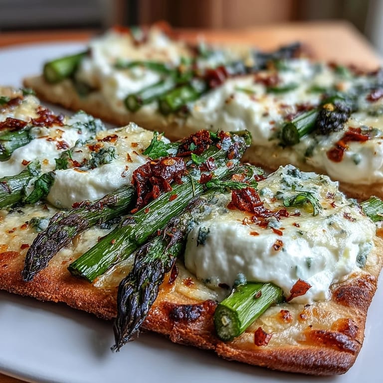 Italian-inspired flatbread dish, showcasing blistered asparagus and melting burrata cheese.