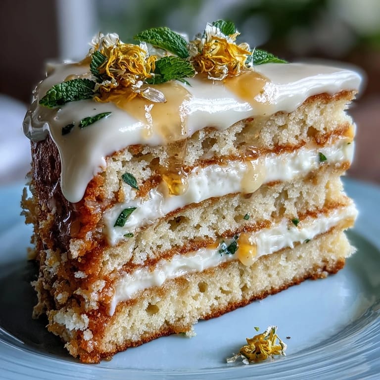 A fluffy, zesty lemon curd cake topped beautifully with fresh, colorful edible blossoms.