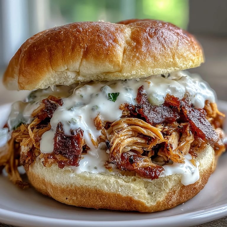 Tender, smoky pulled chicken sandwiches ready to be devoured with white BBQ.