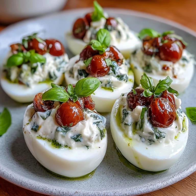 Gourmet Caprese Deviled Eggs garnished with mozzarella, basil, and diced tomatoes.