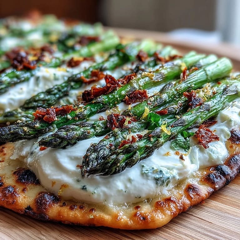 Cheesy flatbread with tender roasted asparagus, fresh basil, and a hint of lemon.