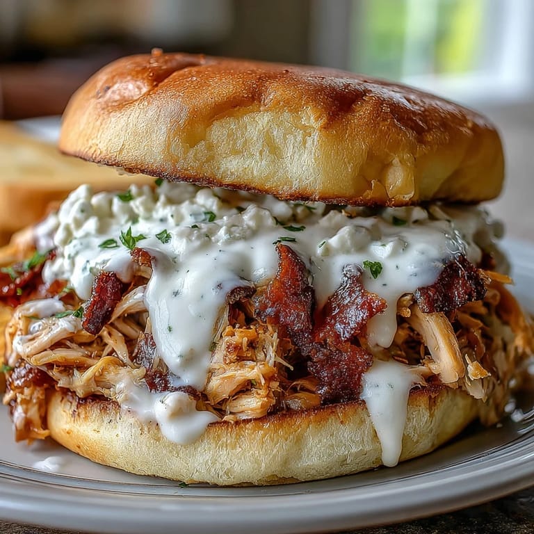 Juicy smoked pulled chicken piled on buns, drizzled with tangy white BBQ sauce.