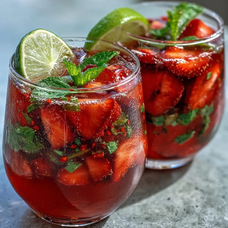 A colorful strawberry chili limeade mocktail, showcasing muddled berries and a hint of heat.