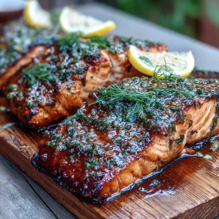 Maple Dijon Cedar Plank Salmon with flaky texture, a flavorful grilled entrée.