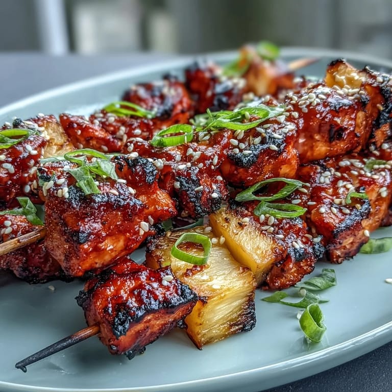 Tender Pineapple Gochujang Chicken Skewers hot off the grill, ready to serve.