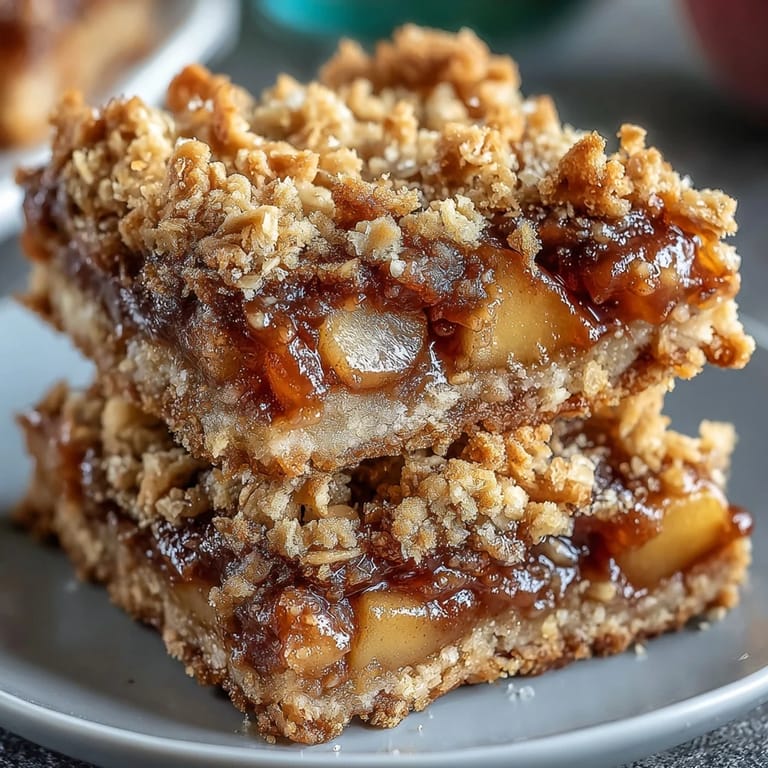 Close-up of a slice of Early Fall Apple Peach Crumble Bars, showcasing flaky crumble topping.