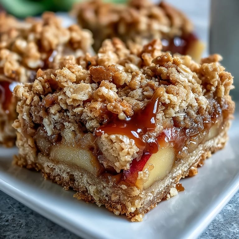 Warm Early Fall Apple Peach Crumble Bars served with a dusting of powdered sugar.