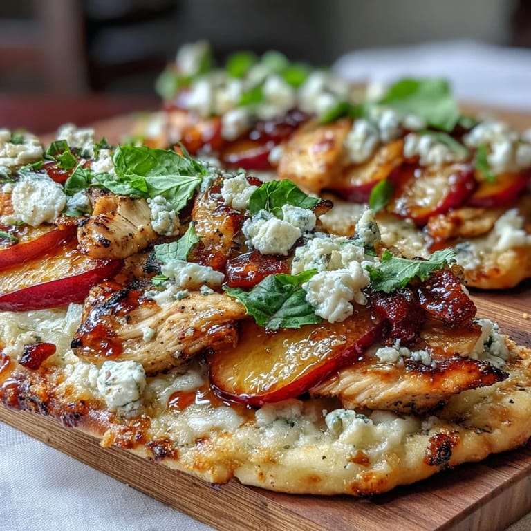 Vibrant hot honey peach chicken flatbread, showcasing grilled chicken and sweet fruit.