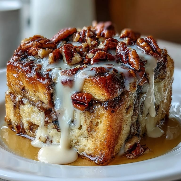 Warm, decadent bread pudding featuring pecans, cinnamon rolls, and sweet maple syrup.