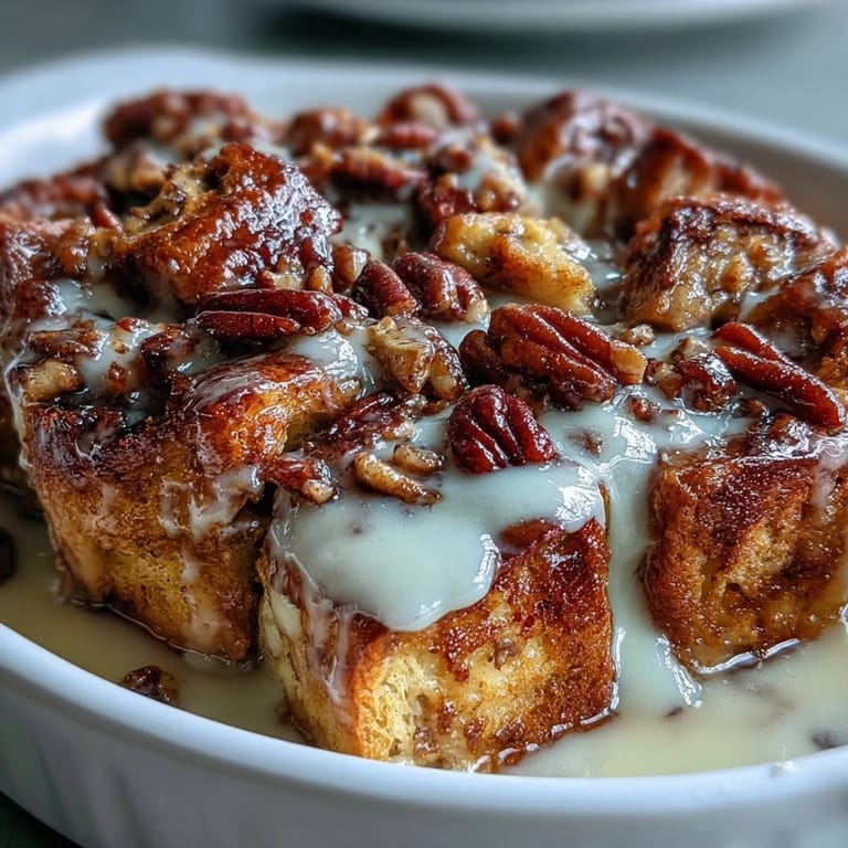 Comforting dessert photo: baked maple pecan cinnamon roll bread pudding perfection.