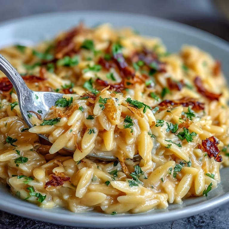 Savory Creamy Garlic Parmesan Pumpkin Orzo, served hot in a rustic bowl.