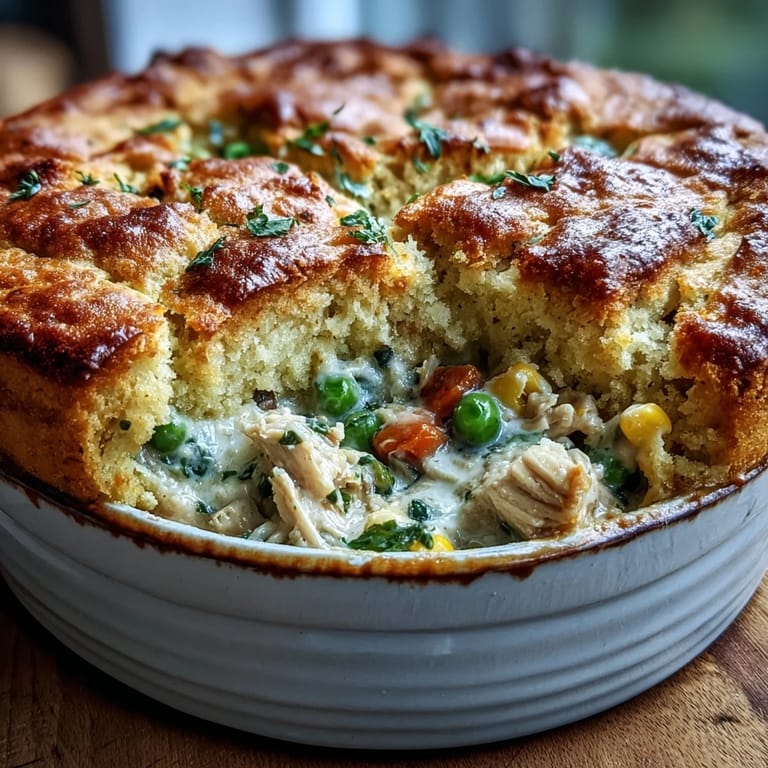 Hearty cornbread chicken pot pie casserole, a comforting baked American classic dish.