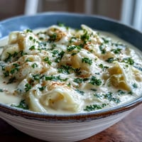 Creamy Potato Soup with Cabbage in a rustic bowl topped with fresh parsley and served beside crusty bread