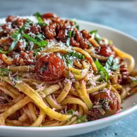 Savory Italian Drunken Noodles feature al dente spaghetti tossed with spicy sausage and sweet cherry tomatoes in a rich, ruby-red Chianti tomato sauce.