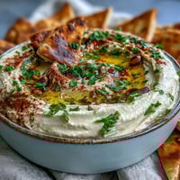 Creamy black-eyed pea hummus garnished with paprika and parsley, served with pita and fresh veggies.