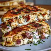 Warm, golden garlic naan stuffed with creamy ranch chicken, melted cheddar, and crispy bacon, grilled to perfection.  