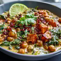 A creamy vegan skillet dish with tender sweet potatoes, chickpeas, and spinach simmered in fragrant coconut curry sauce for a satisfying dinner.