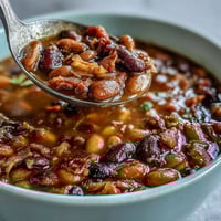 A steaming bowl of 15-bean soup with smoky ham bone, loaded with tender beans and vegetables in a rich broth.