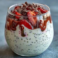 Strawberry yogurt chia pudding topped with fresh berries and dark chocolate shavings, a healthy breakfast or dessert.
