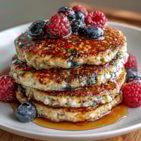 Fluffy protein pancakes topped with fresh berries and a dollop of yogurt, perfect for a nutritious breakfast.
