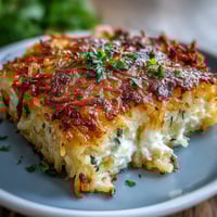 Cozy funeral potatoes casserole with hashbrown topping, golden and bubbling from the oven, ready for a comforting family meal.