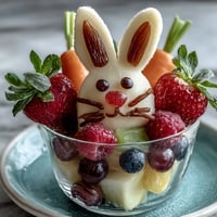 Bunny Fruit Cups with colorful berries and tropical fruit, topped with cute marshmallow bunny faces and paper ears.  