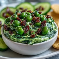 A festive St. Patricks Day treats board overflowing with vibrant green snacks, fresh veggies, and creamy dips for easy party sharing.