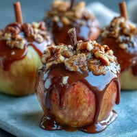 Sweet apple slices coated in gooey caramel and drizzled with dark chocolate, a perfect bite-sized treat for fall parties or Halloween.