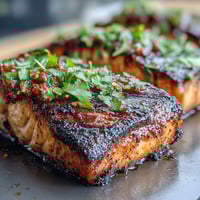 Grilled salmon fillets topped with bright, zesty strawberry salsa and fresh cilantro for a summery dinner.